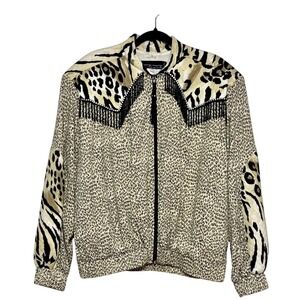 Marcy‎ Marcy Western Glam Animal Print Bomber Jacket Large Beaded Fringe Vintage